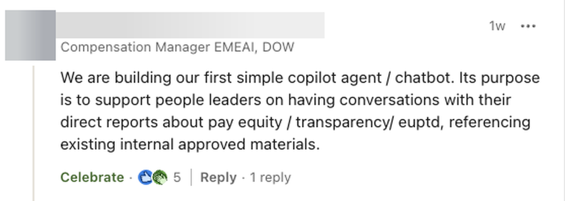 LinkedIn comment about building a copilot agent for pay equity conversations