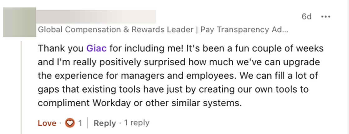 LinkedIn comment about building tools to complement Workday